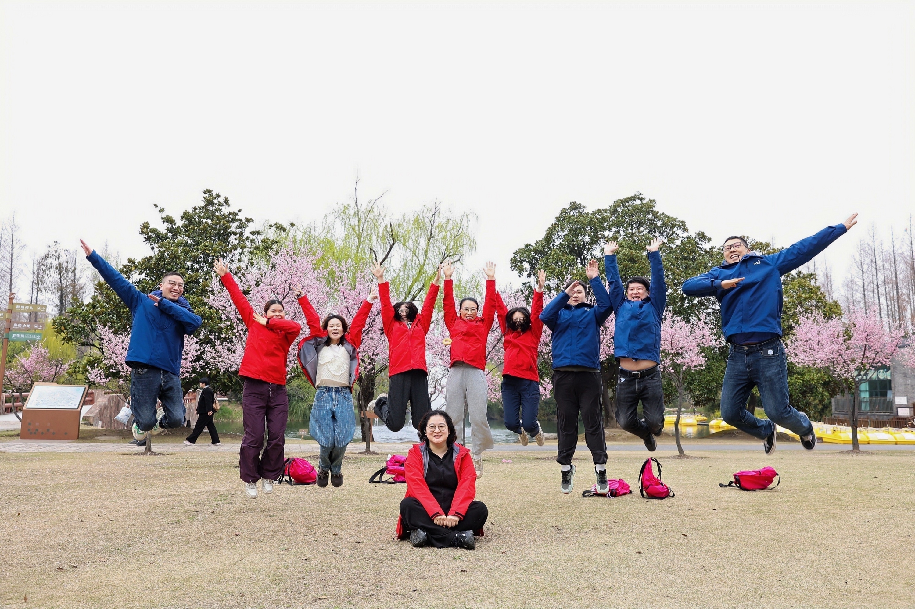 IASO team leaping together at the anniversary spring outing