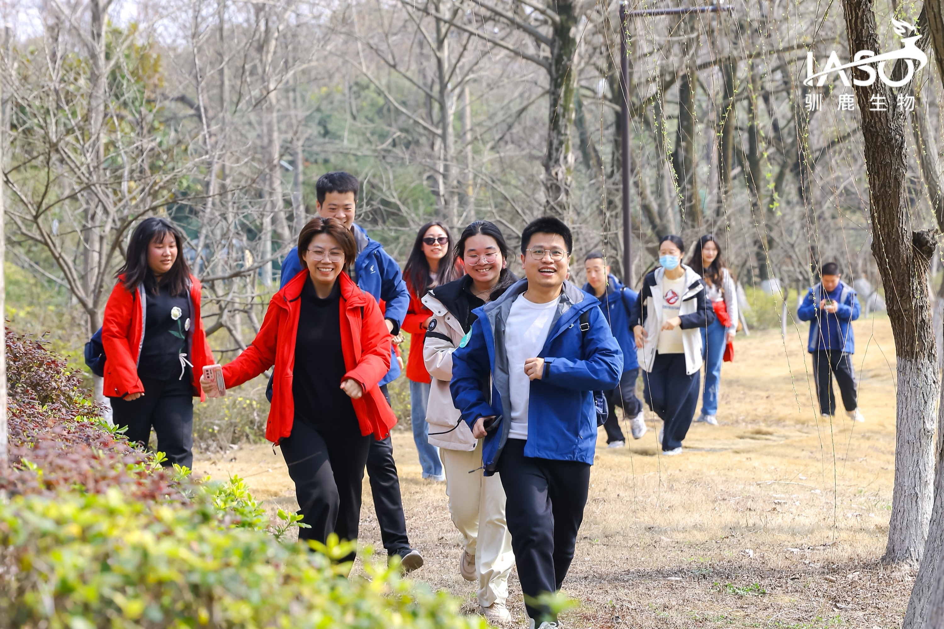 IASO colleagues hiking through the woods on the spring walk